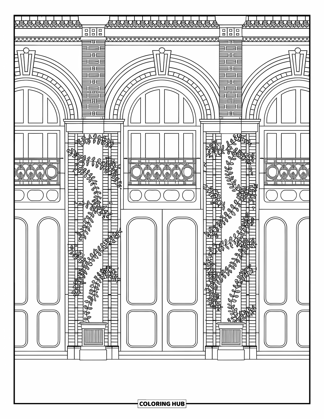 Wedding Coloring Page for Adults: Wedding venue with tall windows, ivy walls, and decorative stonework details