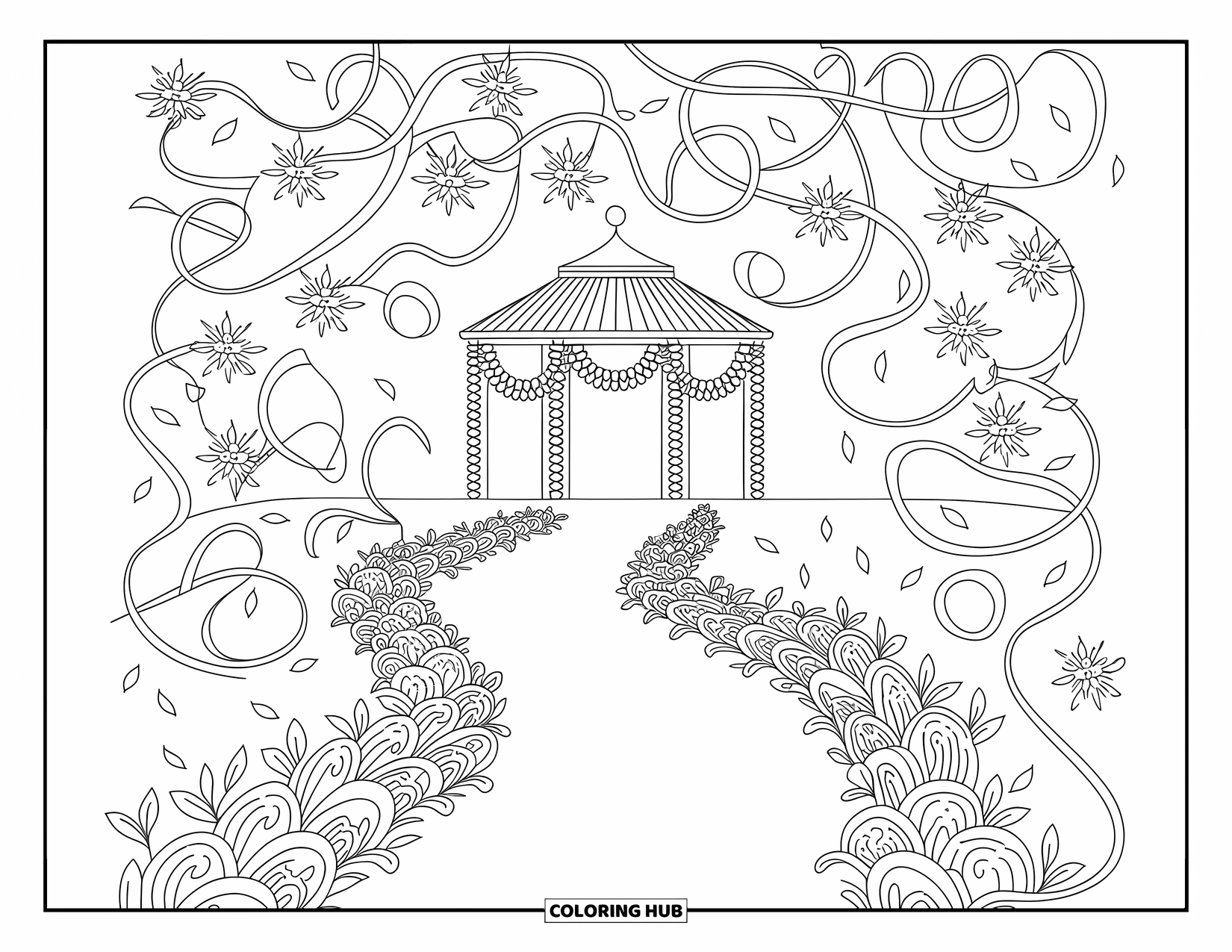 Wedding Coloring Page for Adults: Whimsical path leads through floral patterns to a ribbon-covered garden gazebo