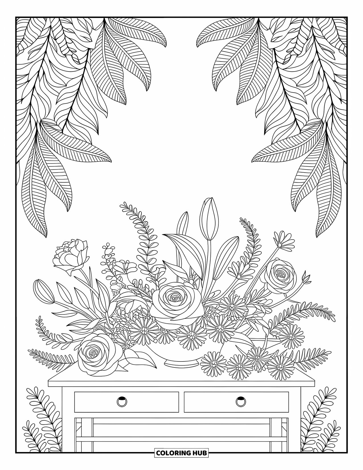 Wedding Coloring Page for Adults: Work table filled with roses, lilies, and elegant patterns ready for bouquet making