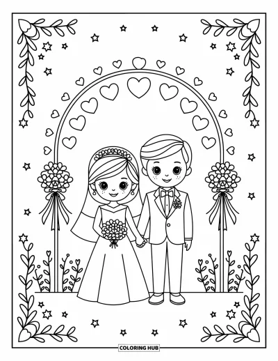 Wedding Coloring Page for Kids: Bride and groom under a heart-decorated arch with stars and flowers around