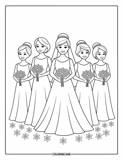 Wedding Coloring Page for Kids: Bride poses with four bridesmaids, all smiling and holding dainty floral bouquets