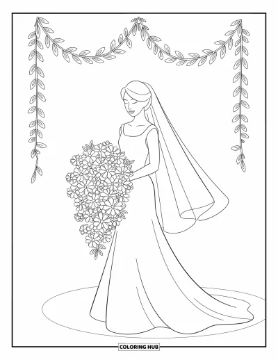 Wedding Coloring Page for Kids: Bride stands under a garland holding a bouquet of cascading flowers