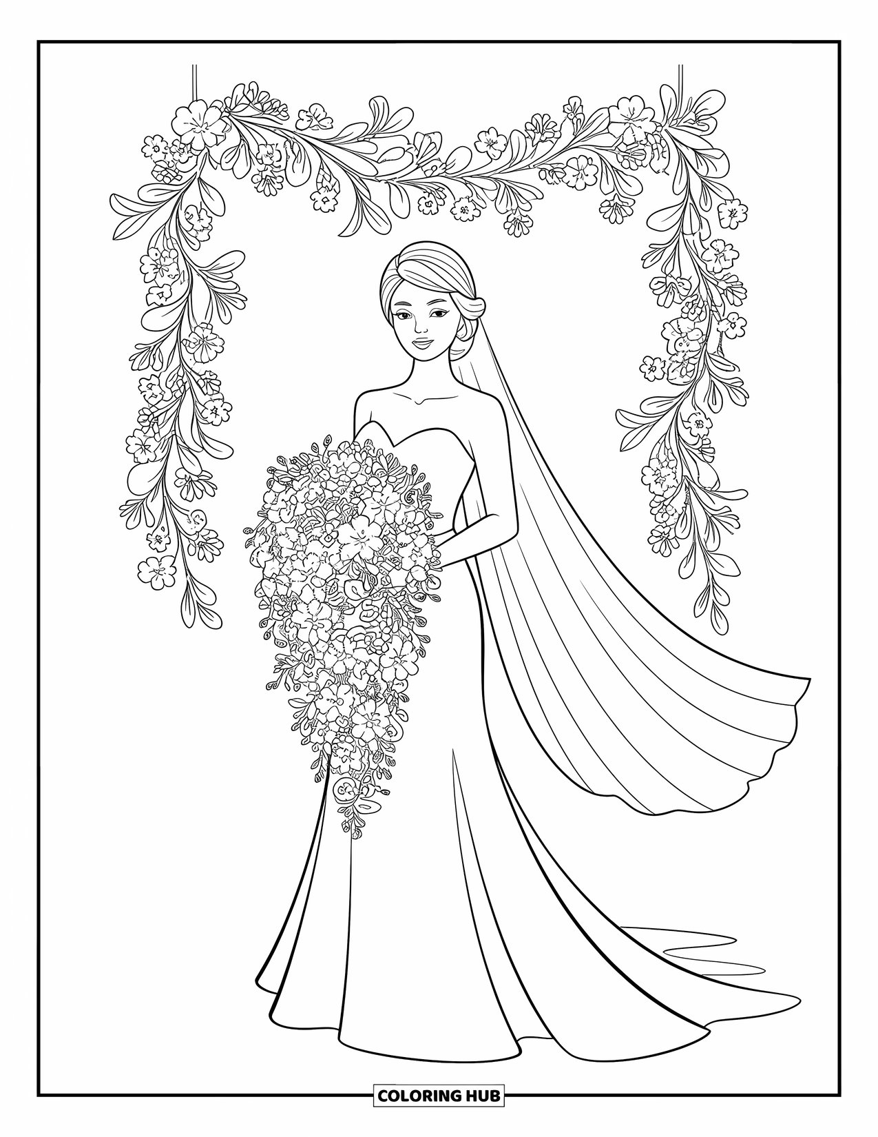 Wedding Coloring Page for Kids: Bride under a garland holds a cascading bouquet of delicate blooms