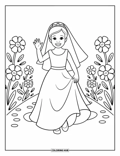 Wedding Coloring Page for Kids: Bride waves happily while walking along a flower-lined path