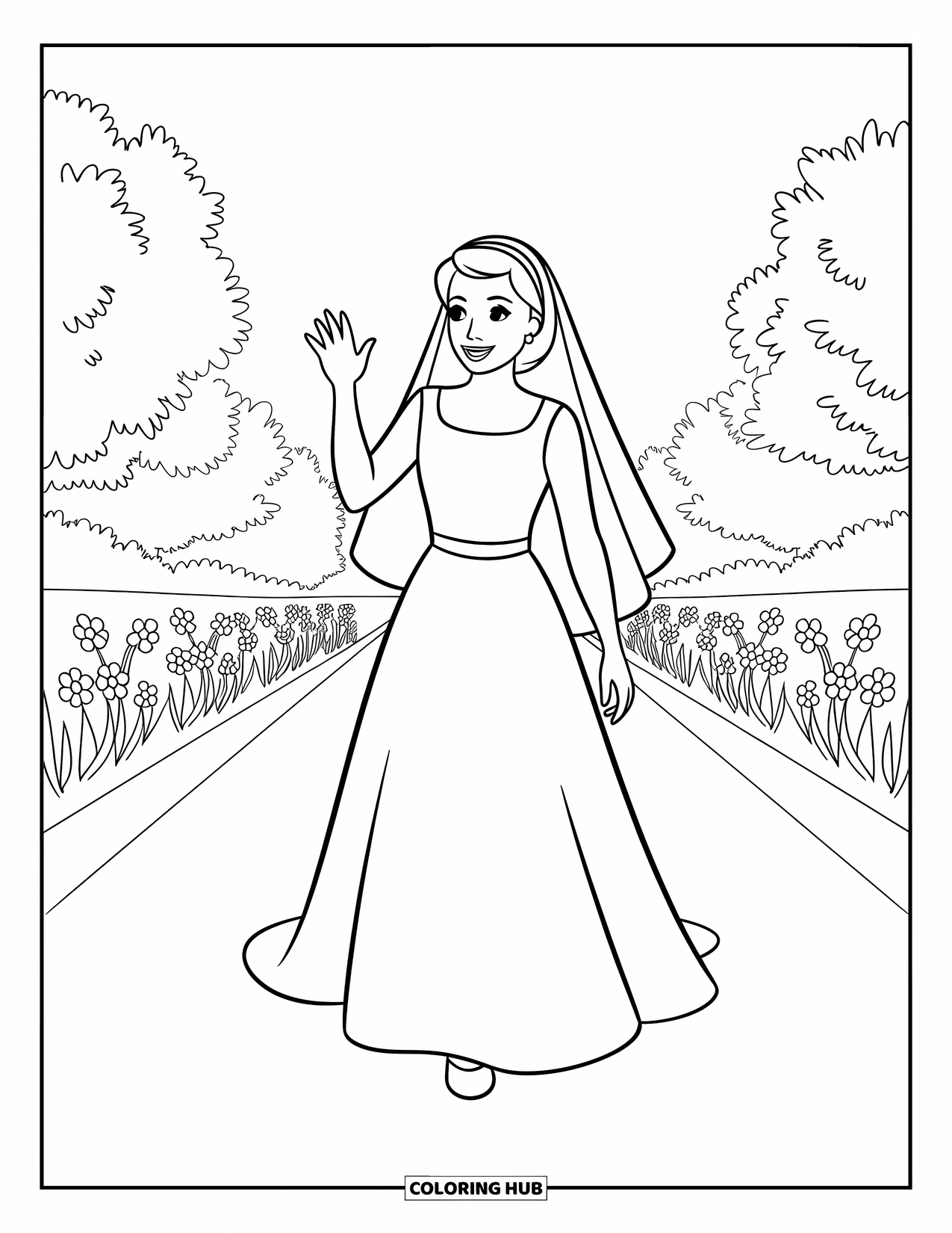 Wedding Coloring Page for Kids: Bride waves happily while walking down a path filled with flowers