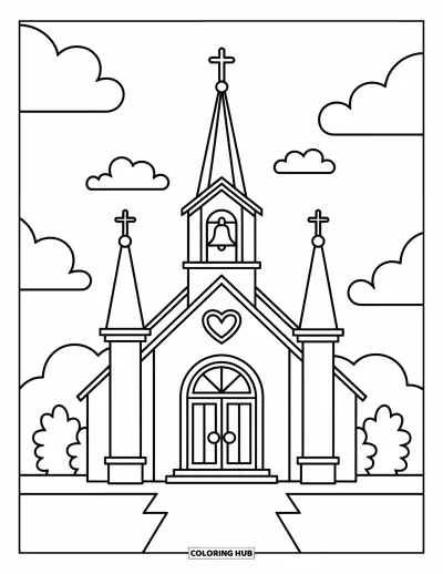 Wedding Coloring Page for Kids: Chapel with a bell and heart on top, surrounded by clouds and sunshine