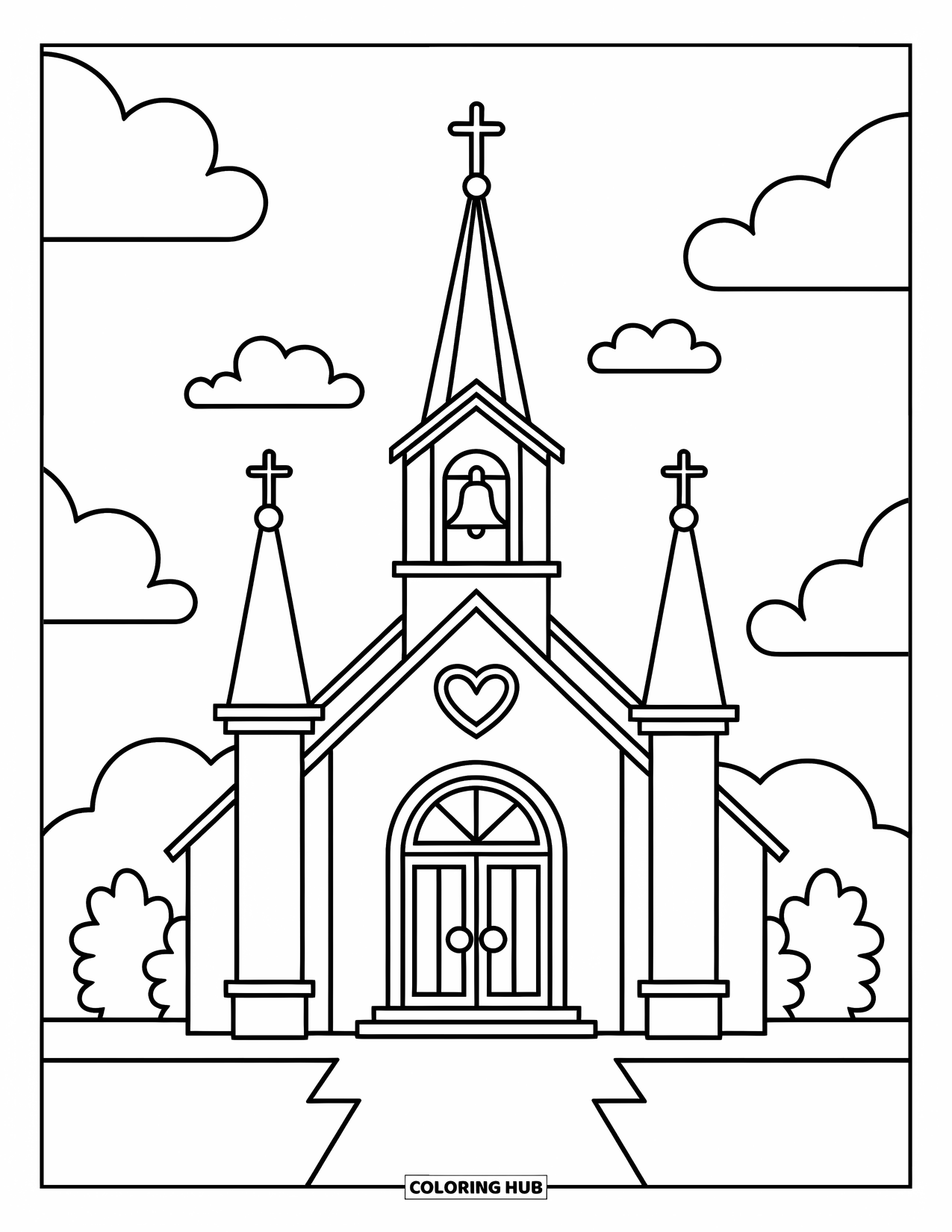 Wedding Coloring Page for Kids: Chapel with a bell and heart on top, surrounded by clouds and sunshine