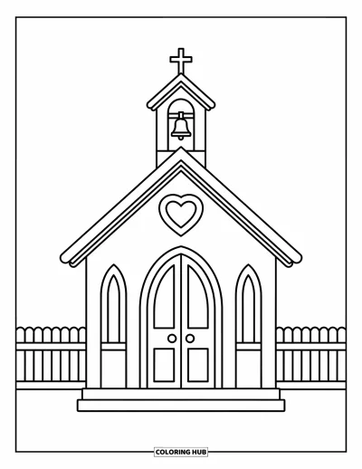 Wedding Coloring Page for Kids: Chapel with a bell, heart, and fluffy clouds above
