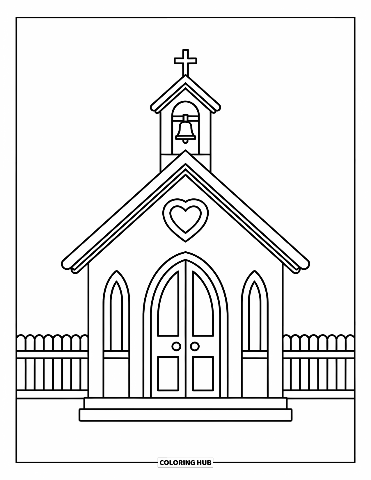 Wedding Coloring Page for Kids: Chapel with a bell, heart, and fluffy clouds above