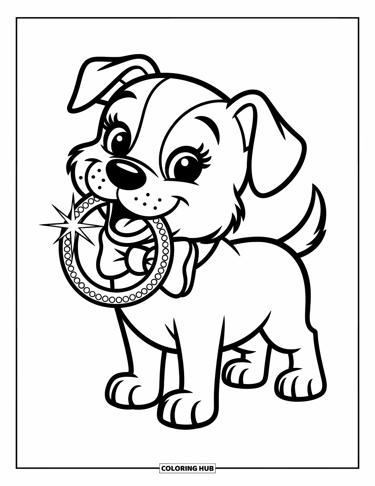 Wedding Coloring Page for Kids: Cheerful dog with big eyes and a ring stands ready for fun