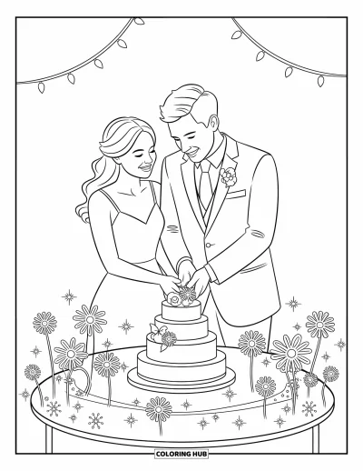 Wedding Coloring Page for Kids: Couple joyfully cuts their wedding cake at a decorated table