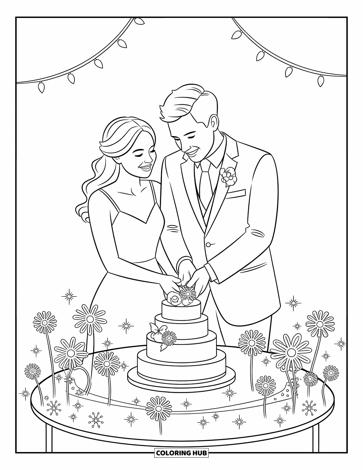 Wedding Coloring Page for Kids: Couple joyfully cuts their wedding cake at a decorated table