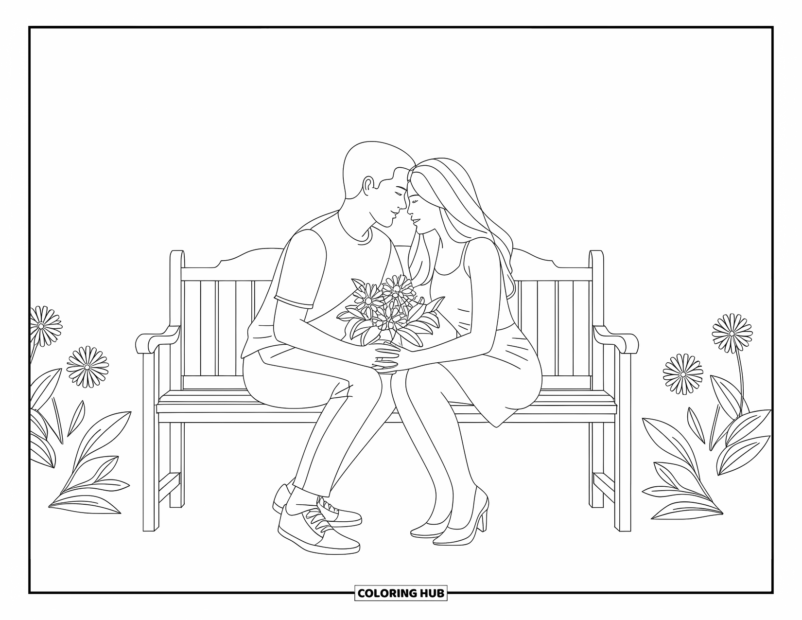 Wedding Coloring Page for Kids: Couple on a bench holds flowers, framed by soft foliage and winding garden paths
