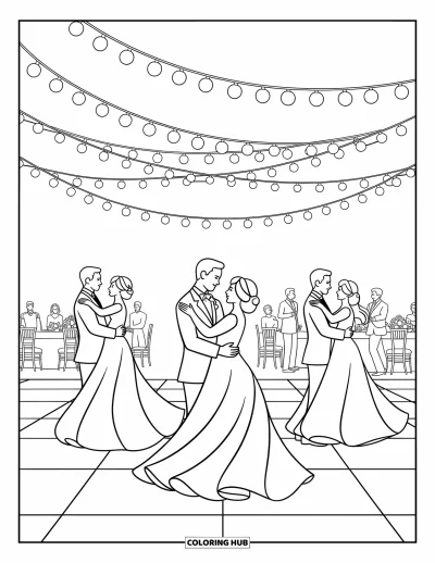 Wedding Coloring Page for Kids: Couples dance beneath fairy lights on a joyful wedding reception floor