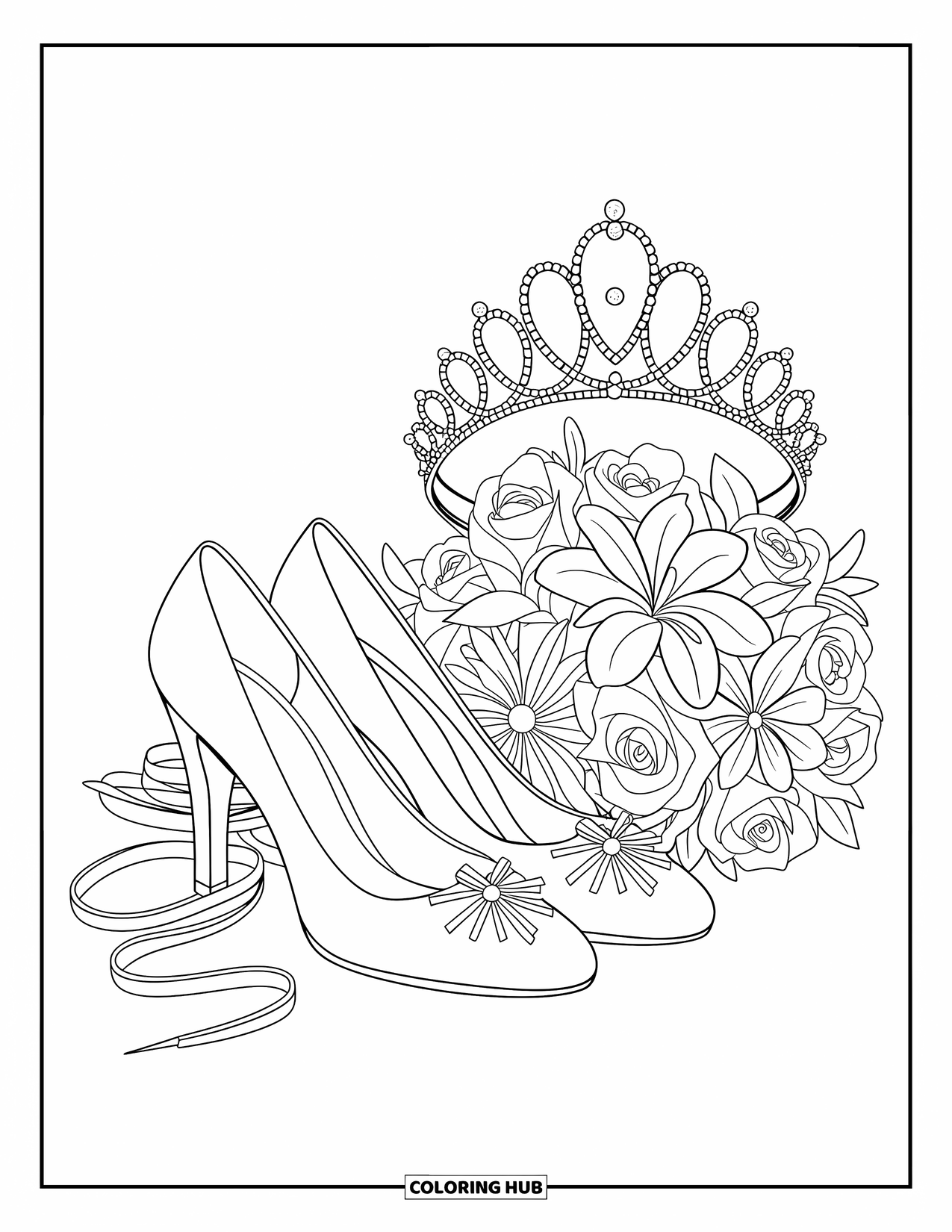 Wedding Coloring Page for Kids: Elegant shoes and tiara sit beside a bouquet of pretty wedding flowers