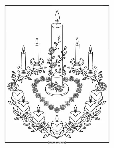 Wedding Coloring Page for Kids: Floral candle setup with heart shapes and elegant modern details