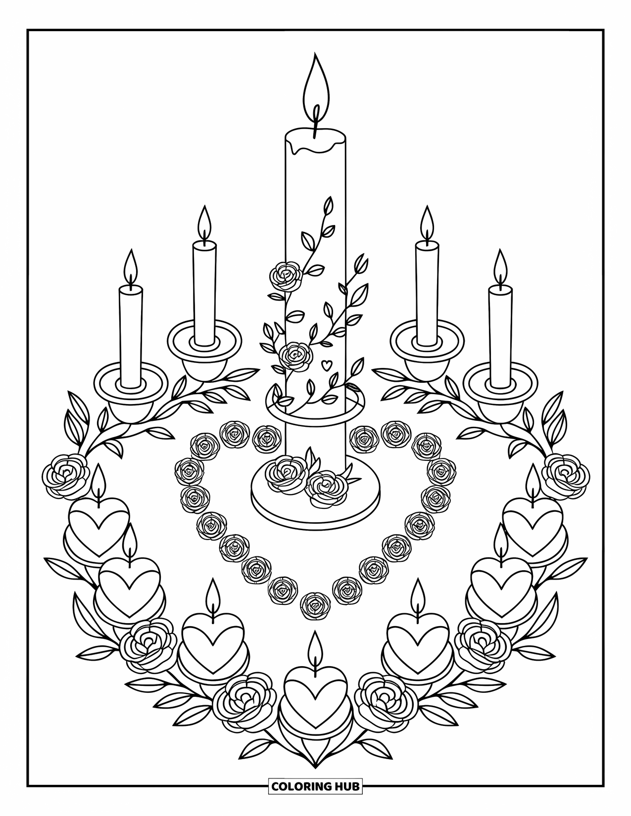Wedding Coloring Page for Kids: Floral candle setup with heart shapes and elegant modern details