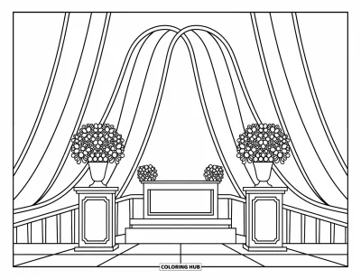 Wedding Coloring Page for Kids: Flower stands and an arch frame a cheerful wedding altar scene