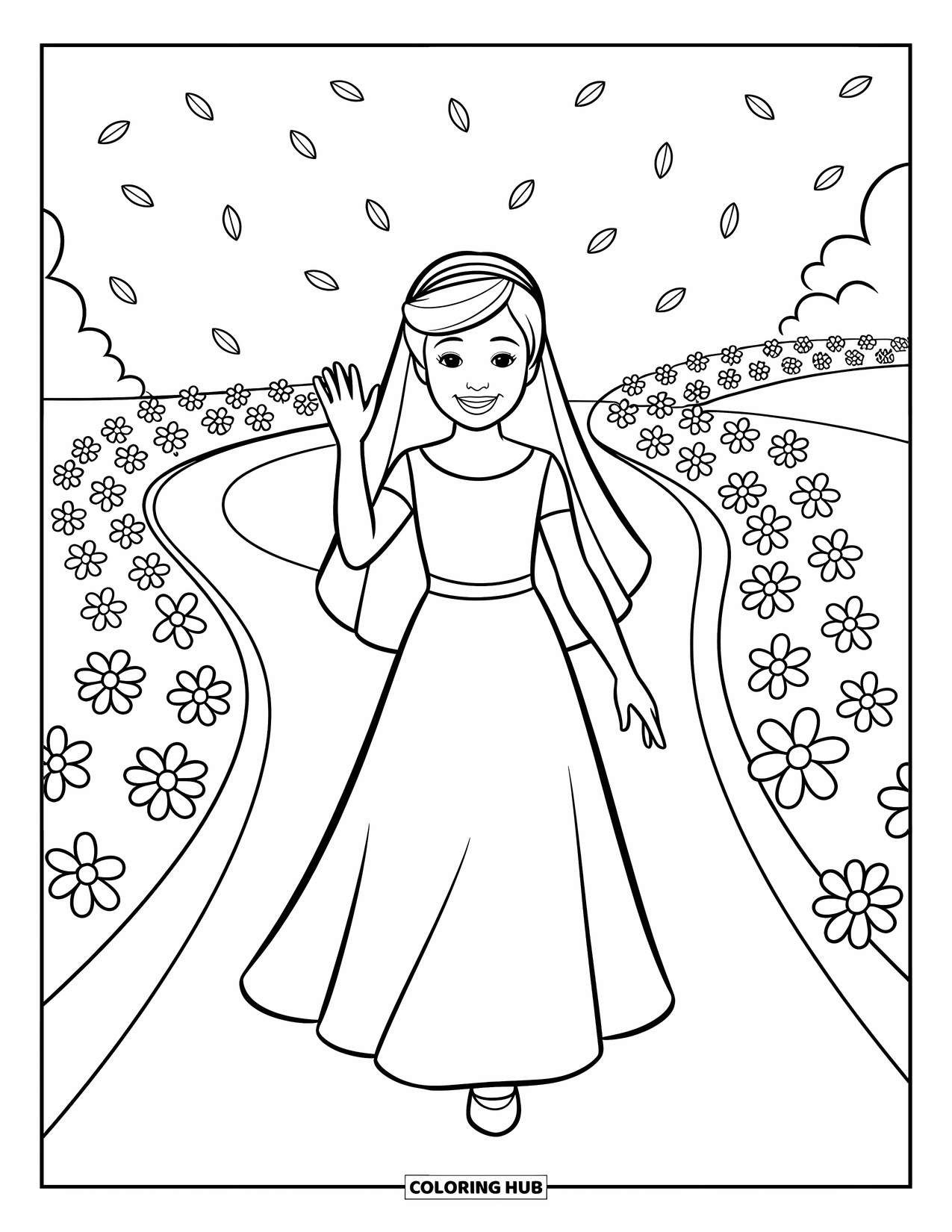 Wedding Coloring Page for Kids: Happy bride walks along a flower-filled path, waving with joy