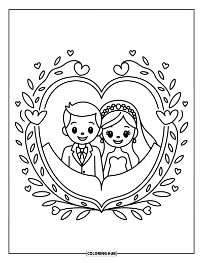 Wedding Coloring Page for Kids: Happy couple on a wedding invite surrounded by swirls, hearts, and flowers