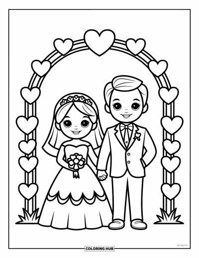 Wedding Coloring Page for Kids: Happy couple stands beneath a wedding arch filled with hearts and joy