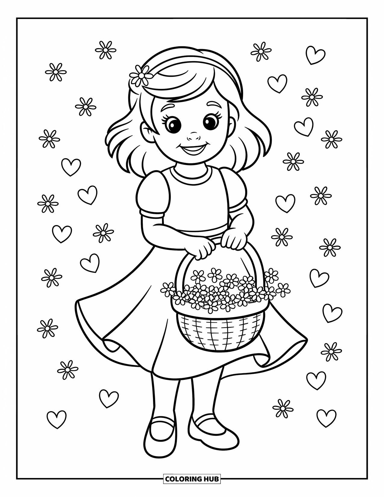 Wedding Coloring Page for Kids: Joyful flower girl stands with a basket of petals and a twirl in her dress