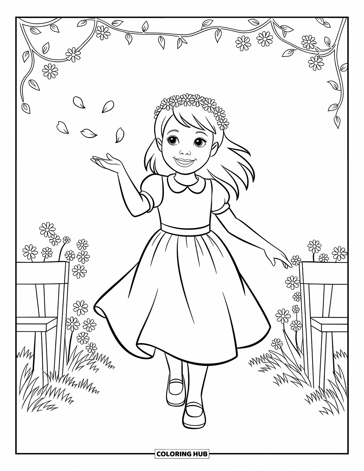 Wedding Coloring Page for Kids: Joyful flower girl walks down an aisle with flowers all around