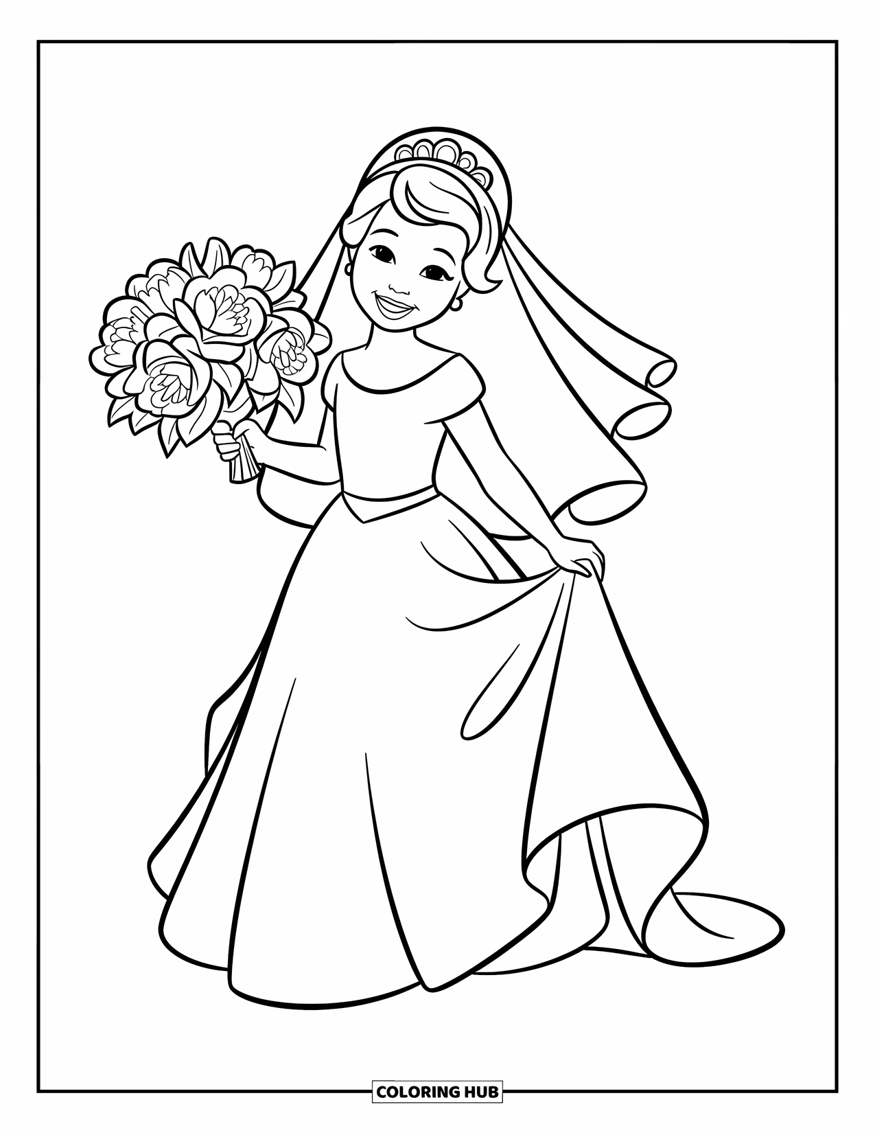 Wedding Coloring Page for Kids: Joyful ring bearer holds a pillow topped with wedding rings