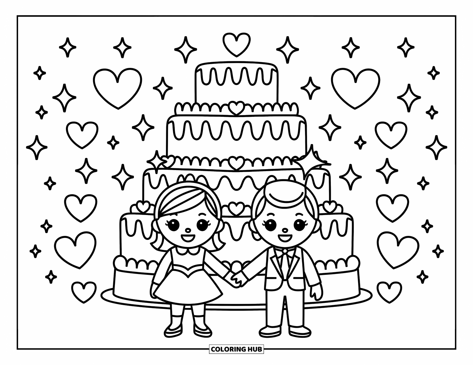 Wedding Coloring Page for Kids: Smiling couple by a heart-decorated cake with sparkles in the air