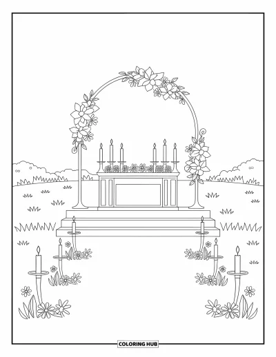 Wedding Coloring Page for Kids: Sunlit altar with floral garlands and glowing candles in a peaceful meadow