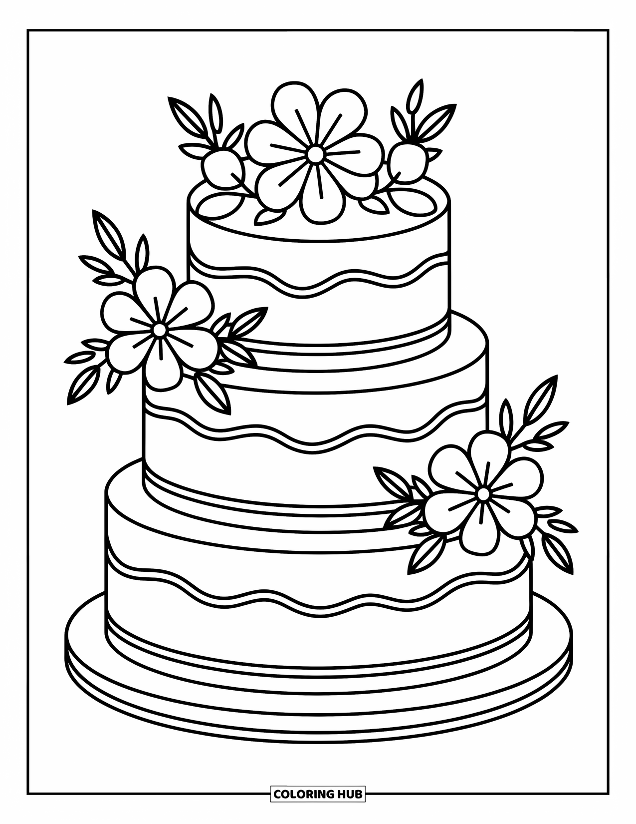 Wedding Coloring Page for Kids: Three-layer wedding cake decorated with big flowers and sweet charm