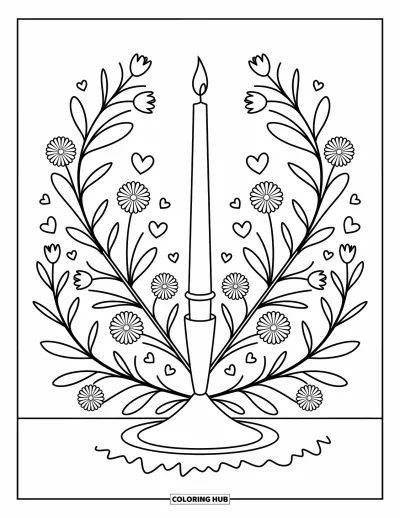 Wedding Coloring Page for Kids: Unity candle surrounded by flowers and hearts in a charming ceremony setup