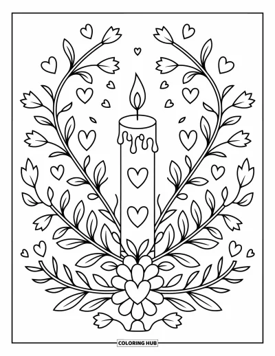 Wedding Coloring Page for Kids: Unity candle with delicate vines and petals in a sweet, symbolic scene
