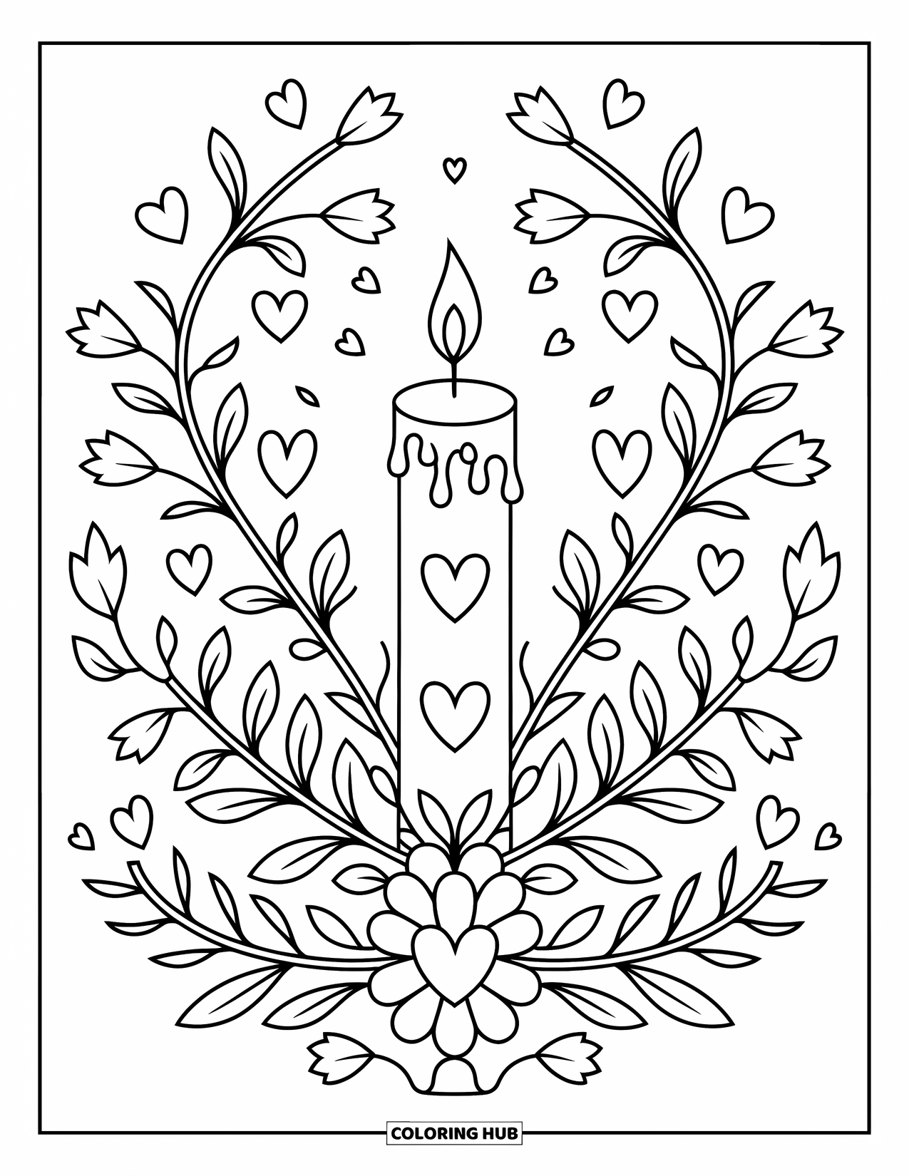 Wedding Coloring Page for Kids: Unity candle with delicate vines and petals in a sweet, symbolic scene