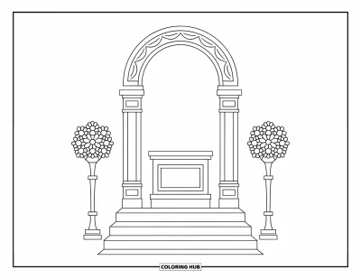 Wedding Coloring Page for Kids: Wedding altar with tall flower stands and a grand arched canopy