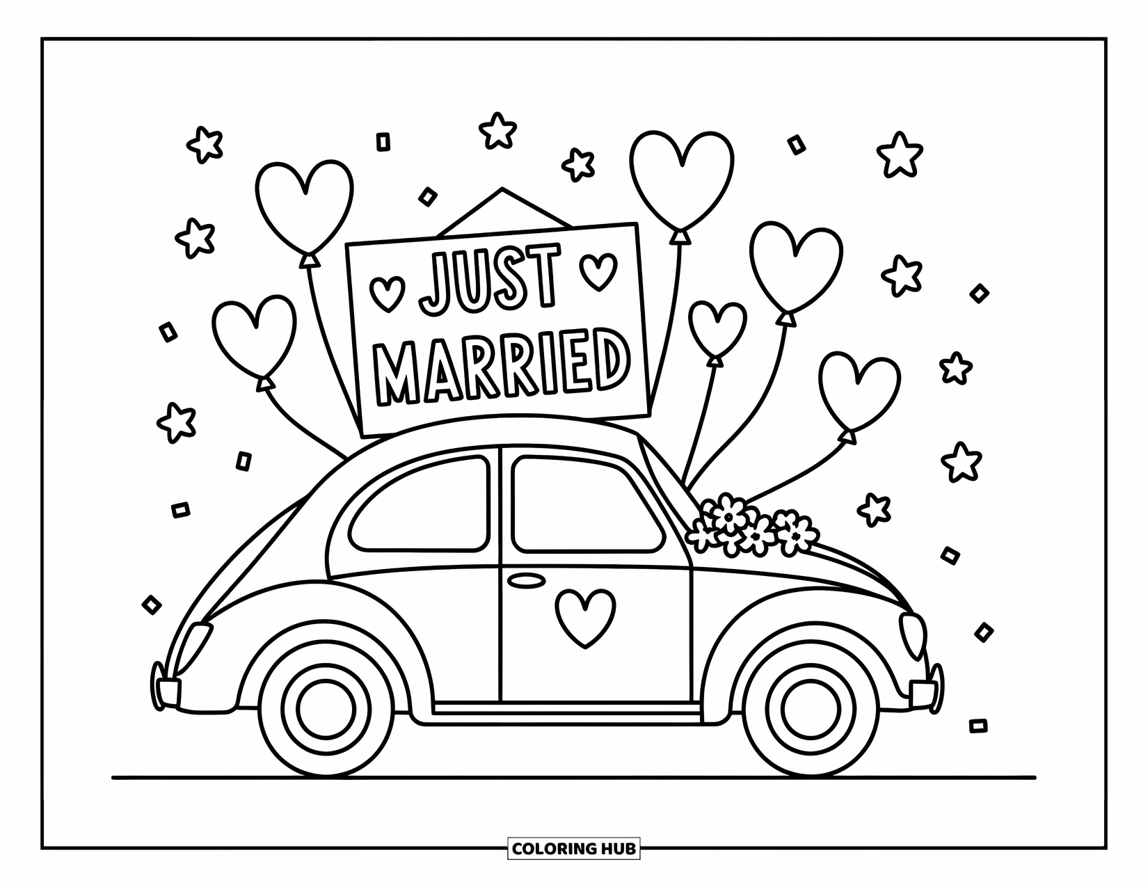 Wedding Coloring Page for Kids: Wedding car with a ìJust Marriedî sign and heart balloons