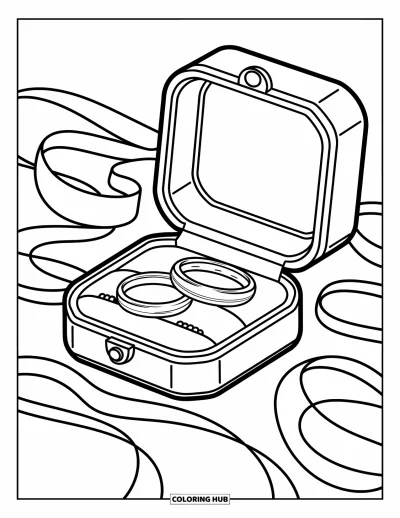 Wedding Coloring Page for Kids: Wedding rings rest in a ribbon-tied jewelry box with crisp, elegant detail