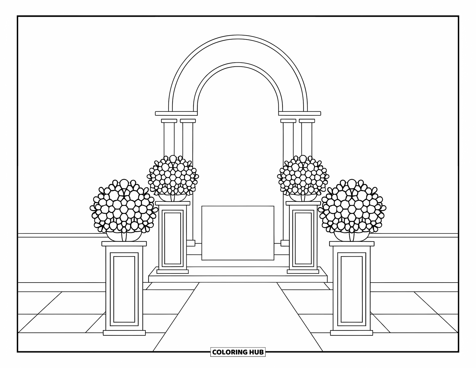 Wedding Coloring Page for Kids: Whimsical arch and flower stands set the stage for a joyful celebration