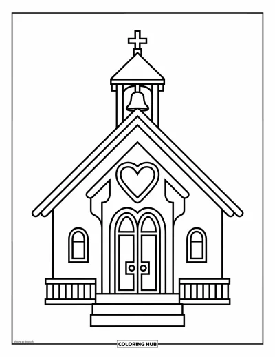 Wedding Coloring Page for Kids: Whimsical chapel stands tall with a heart above the entrance