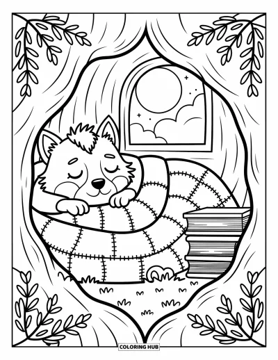 Werwolf-Ausmalbild für Erwachsene: Ein gemütlicher Werwolf kuschelt unter einer Decke in einem Baumversteck, erleuchtet vom Mondschein