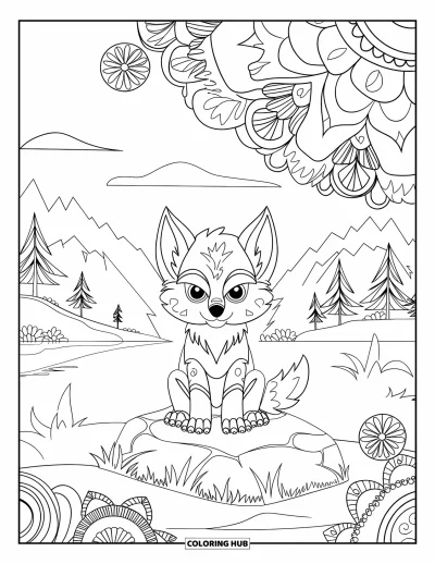 Werwolf-Ausmalbild für Erwachsene: Ein niedlicher Werwolf ruht in einem floralen Mandala mit ruhigem See und Bäumen dahinter