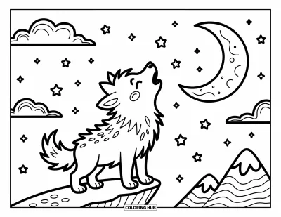 Werwolf-Ausmalbild für Erwachsene: Ein niedlicher Werwolf steht auf einer Halbmondklippe und heult zu Sternen mit Bergen dahinter