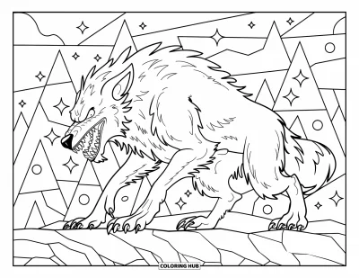 Werwolf-Ausmalbild für Erwachsene: Ein wilder Werwolf heult auf Felsen, eingerahmt von Buntglas und Sternenhimmel