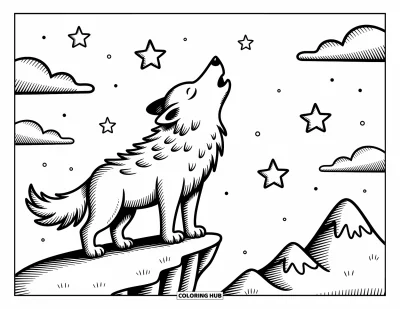 Werwolf-Ausmalbild für Erwachsene: Ein flauschiger Werwolf heult verspielt von einer Mondklippe unter verträumtem Himmel