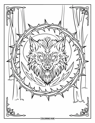 Werwolf-Ausmalbild für Erwachsene: Ein Werwolf mit leuchtenden Augen steht in einem dornigen Mondmandala umgeben von Wald