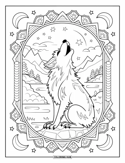 Werwolf-Ausmalbild für Erwachsene: Ein glücklicher Werwolf heult zum Himmel, eingerahmt von Monden und Sternen in einem Mandala
