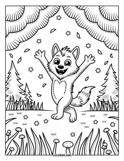 Werwolf-Ausmalbild für Erwachsene: Ein glücklicher Werwolf dreht sich auf einer Waldlichtung umgeben von Blütenblättern und wiegendem Gras
