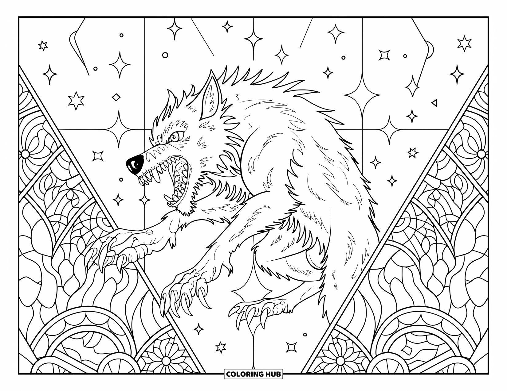 Werewolf Coloring Page for Adults: Howling werewolf stands amid stained glass shapes with stars and floral designs