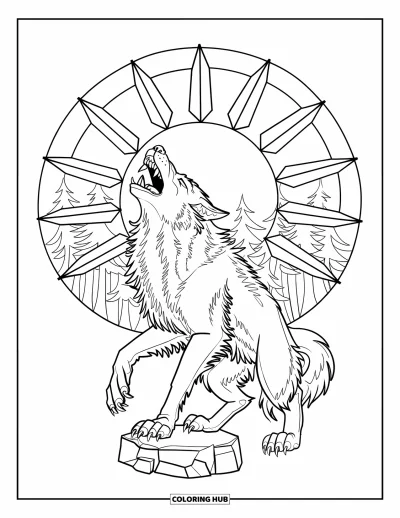 Werwolf-Ausmalbild für Erwachsene: Ein heulender Werwolf steht in Waldschatten mit glasartigem Mondlicht dahinter