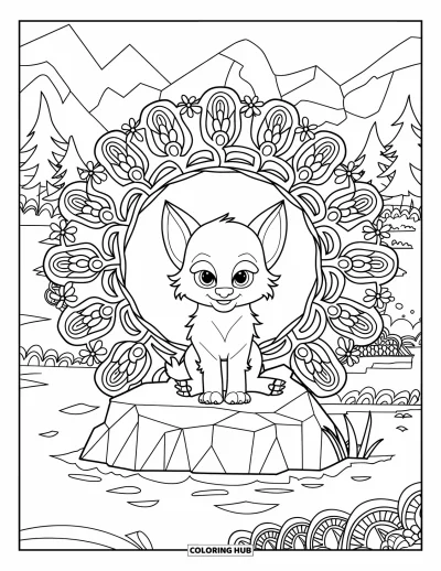Werwolf-Ausmalbild für Erwachsene: Ein kleiner Werwolf sitzt ruhig in einem floralen Mandala mit friedlichen Naturblicken